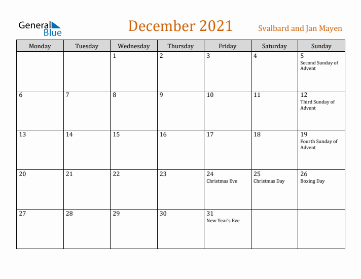 December 2021 Holiday Calendar with Monday Start