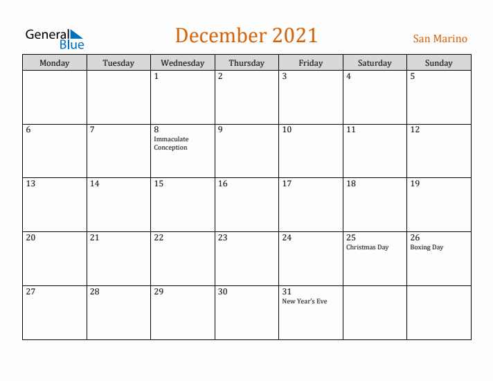 December 2021 Holiday Calendar with Monday Start