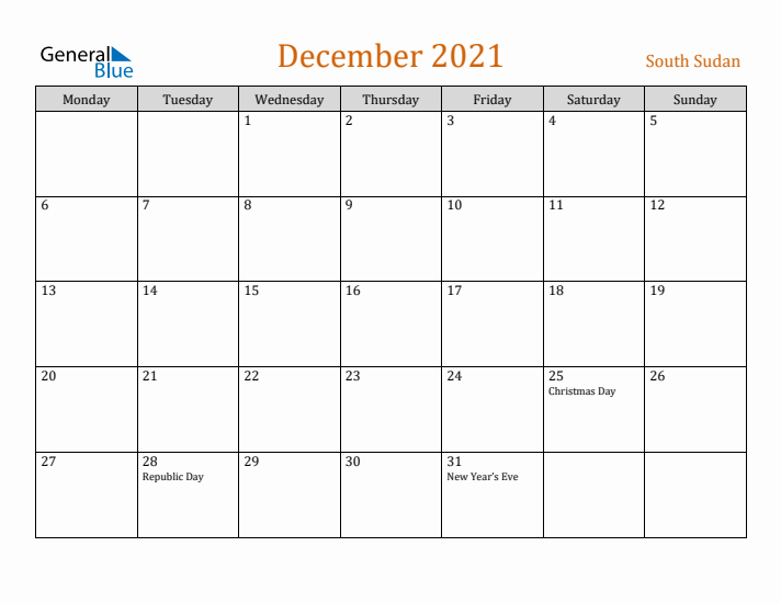 December 2021 Holiday Calendar with Monday Start