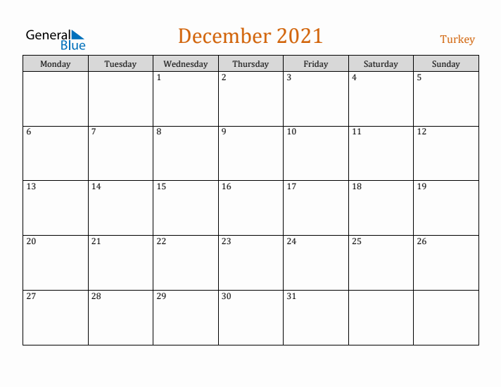 December 2021 Holiday Calendar with Monday Start