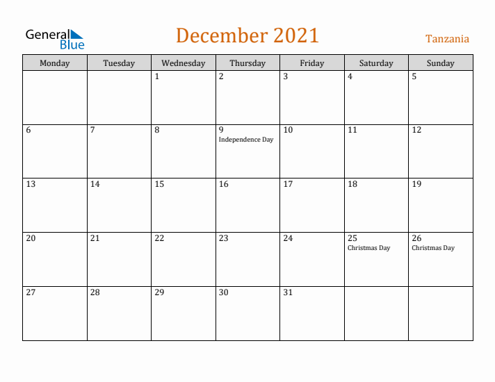 December 2021 Holiday Calendar with Monday Start