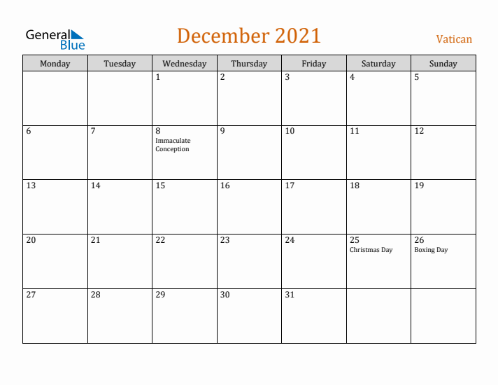 December 2021 Holiday Calendar with Monday Start