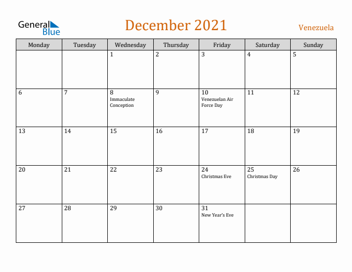 December 2021 Holiday Calendar with Monday Start