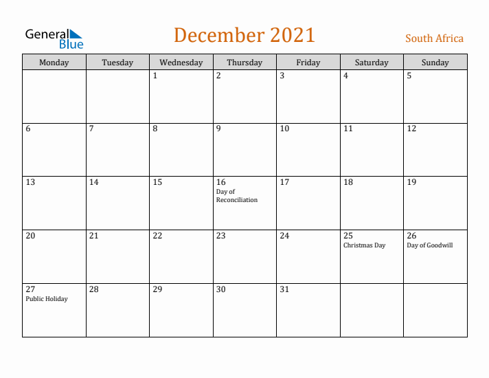 December 2021 Holiday Calendar with Monday Start