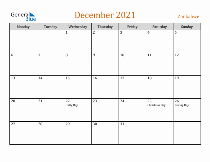 December 2021 Holiday Calendar with Monday Start