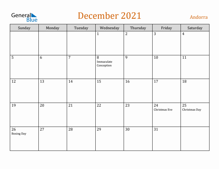 December 2021 Holiday Calendar with Sunday Start