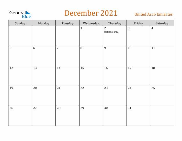 December 2021 Holiday Calendar with Sunday Start