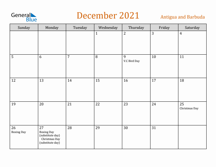 December 2021 Holiday Calendar with Sunday Start