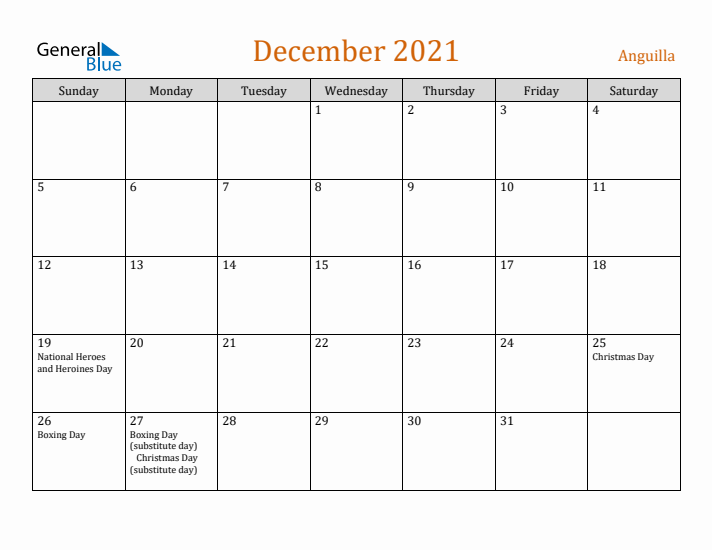 December 2021 Holiday Calendar with Sunday Start