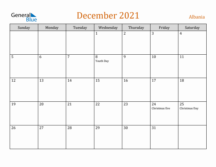 December 2021 Holiday Calendar with Sunday Start