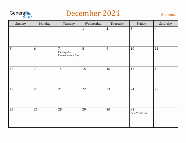 December 2021 Holiday Calendar with Sunday Start