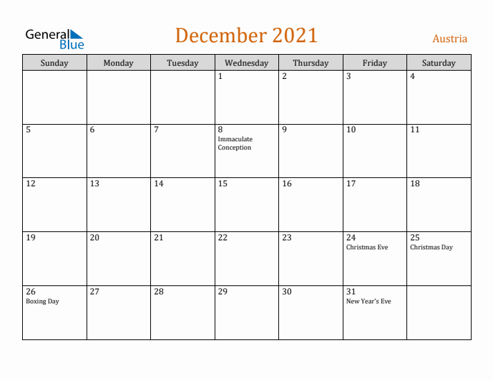 December 2021 Holiday Calendar with Sunday Start