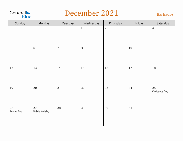 December 2021 Holiday Calendar with Sunday Start