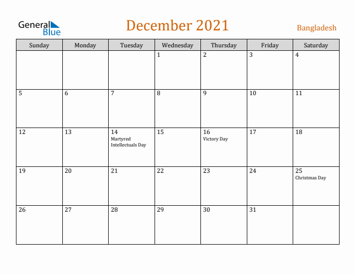 December 2021 Holiday Calendar with Sunday Start