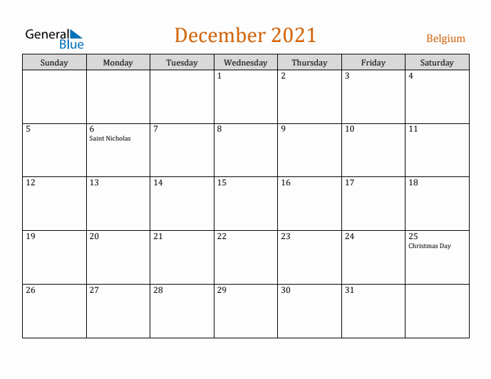 December 2021 Holiday Calendar with Sunday Start