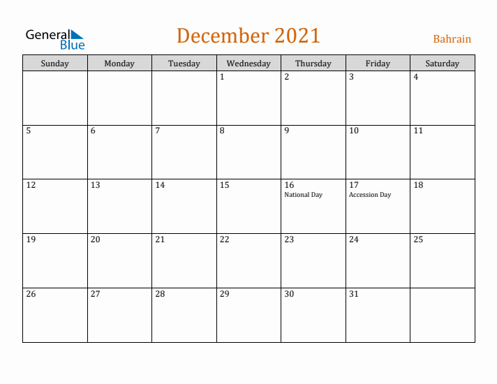 December 2021 Holiday Calendar with Sunday Start