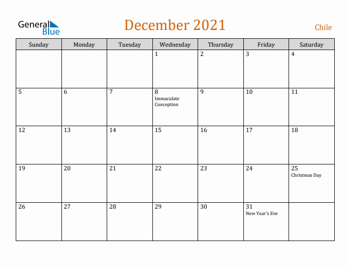 December 2021 Holiday Calendar with Sunday Start