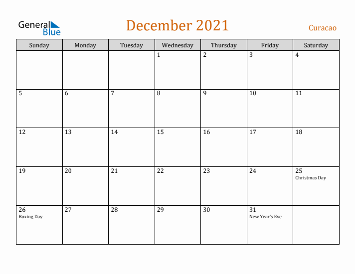 December 2021 Holiday Calendar with Sunday Start