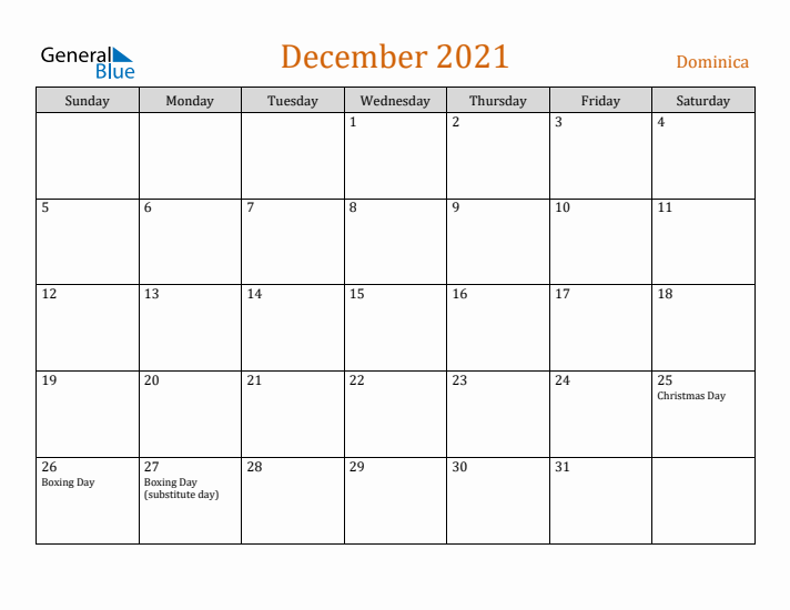 December 2021 Holiday Calendar with Sunday Start