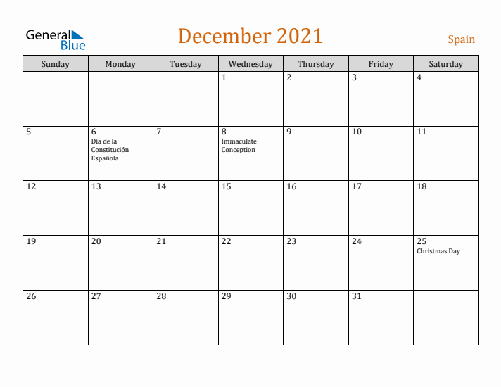 December 2021 Holiday Calendar with Sunday Start