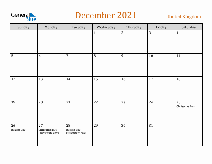 December 2021 Holiday Calendar with Sunday Start