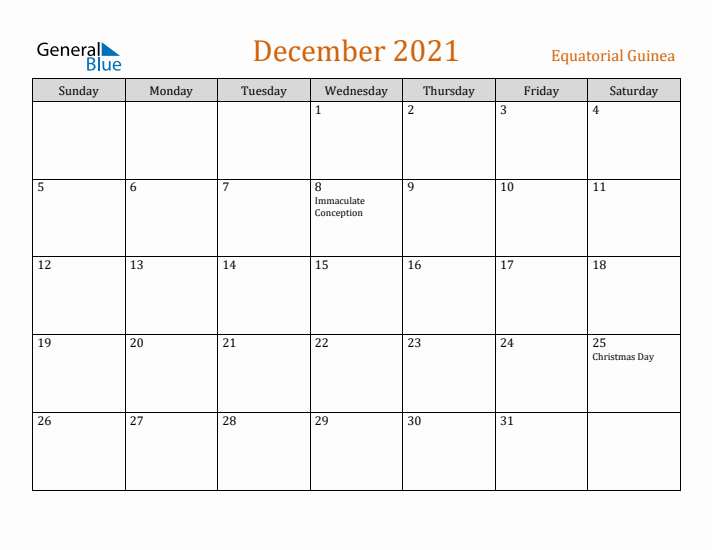 December 2021 Holiday Calendar with Sunday Start