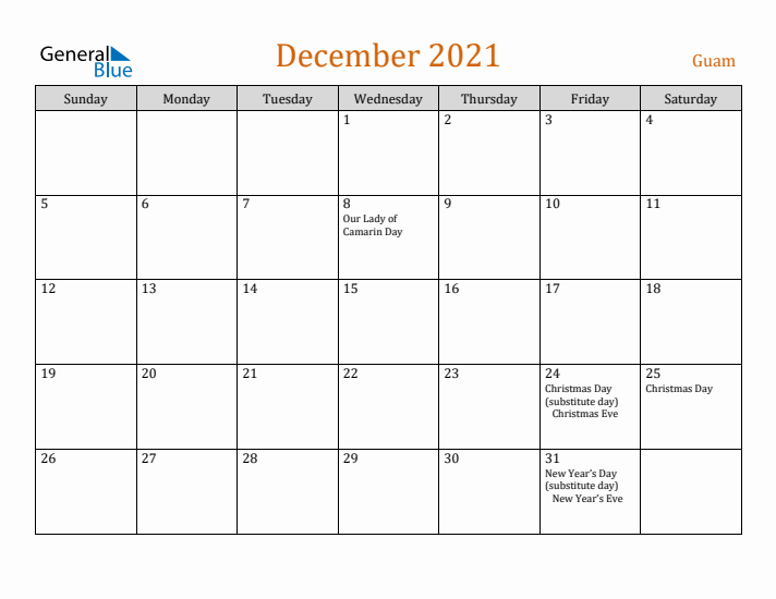 December 2021 Holiday Calendar with Sunday Start