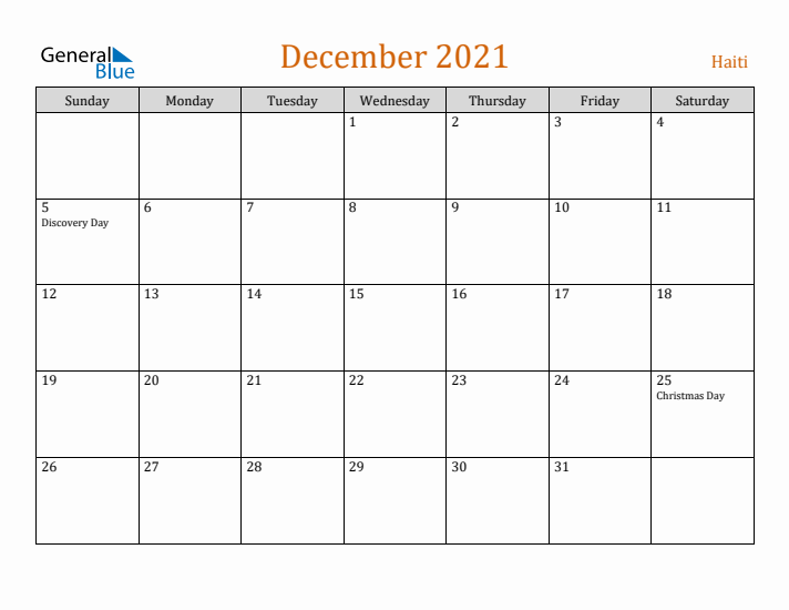 December 2021 Holiday Calendar with Sunday Start