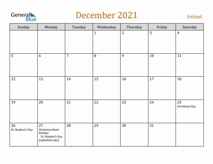 December 2021 Holiday Calendar with Sunday Start