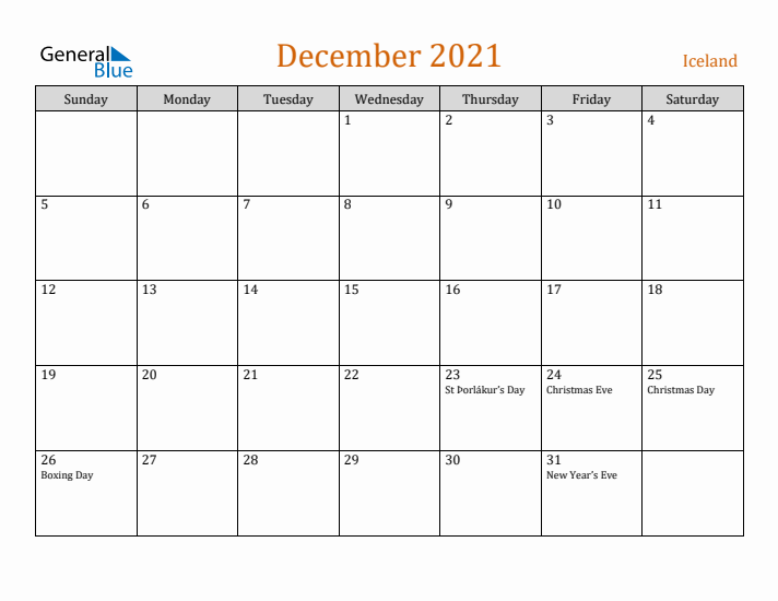 December 2021 Holiday Calendar with Sunday Start