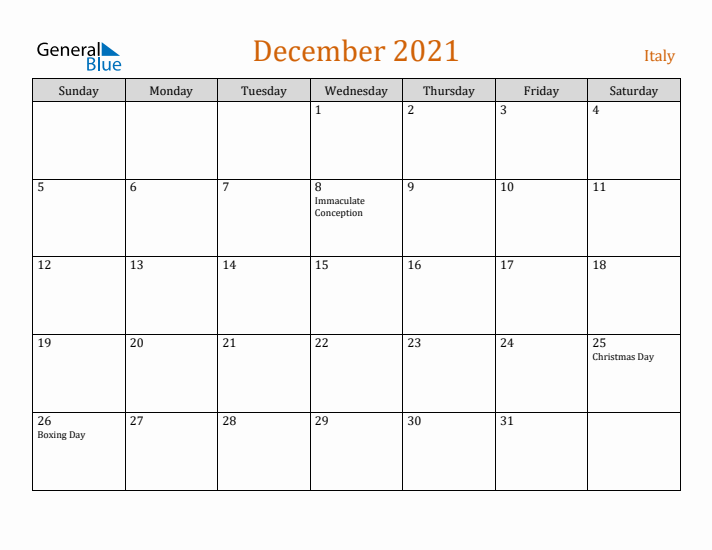 December 2021 Holiday Calendar with Sunday Start