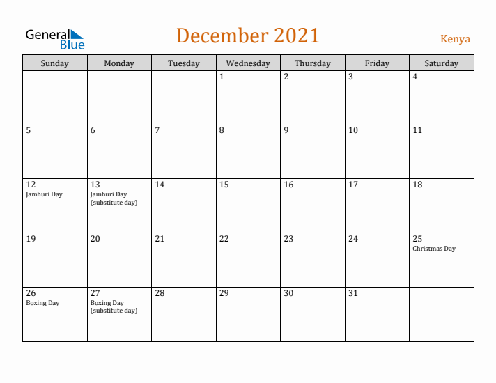 December 2021 Holiday Calendar with Sunday Start