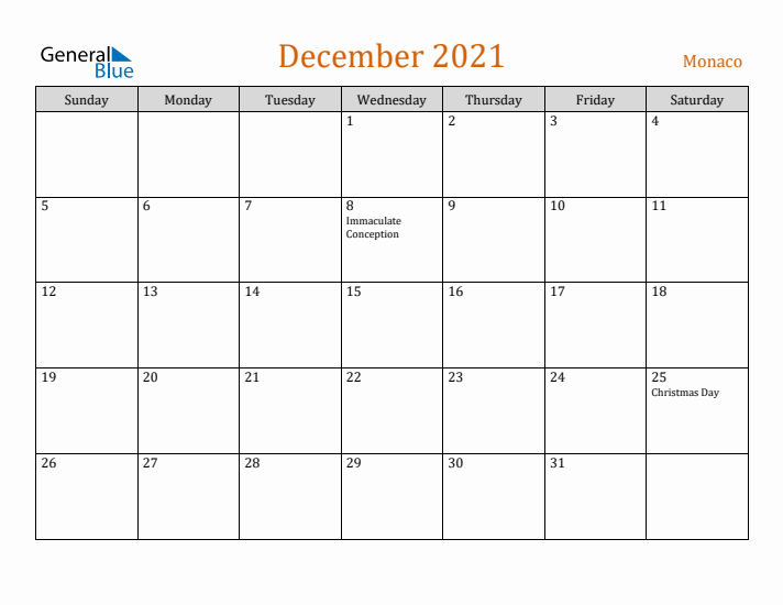 December 2021 Holiday Calendar with Sunday Start