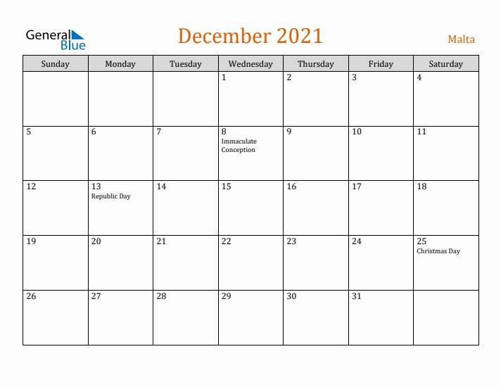 December 2021 Holiday Calendar with Sunday Start