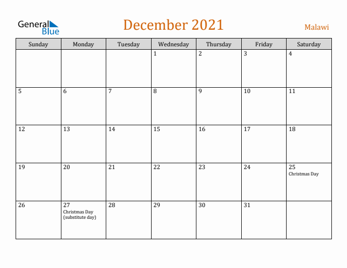 December 2021 Holiday Calendar with Sunday Start