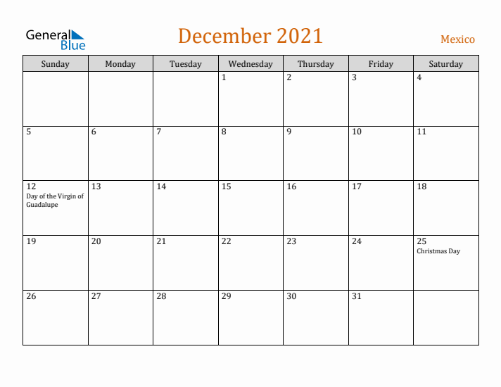 December 2021 Holiday Calendar with Sunday Start