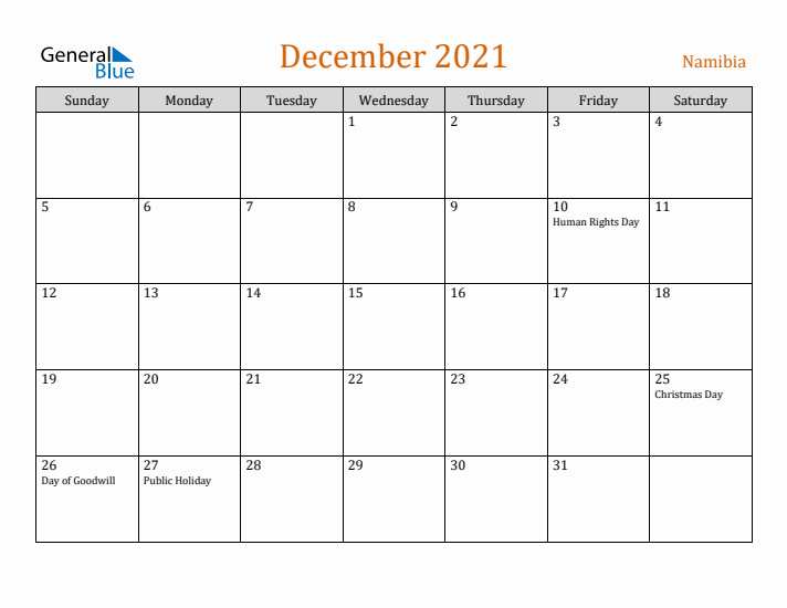 December 2021 Holiday Calendar with Sunday Start