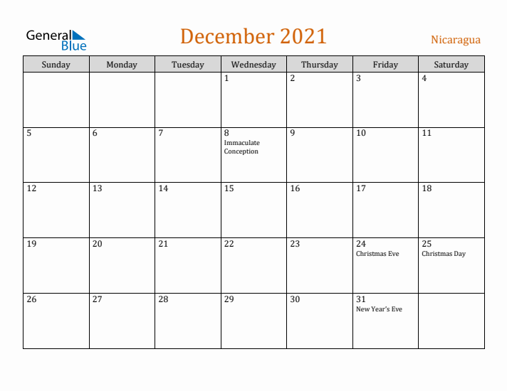 December 2021 Holiday Calendar with Sunday Start