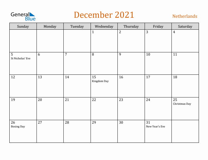 December 2021 Holiday Calendar with Sunday Start