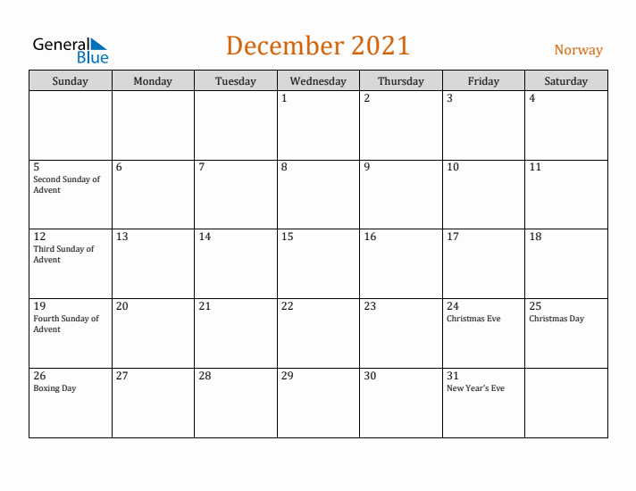 December 2021 Holiday Calendar with Sunday Start