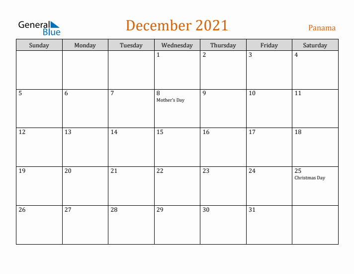 December 2021 Holiday Calendar with Sunday Start