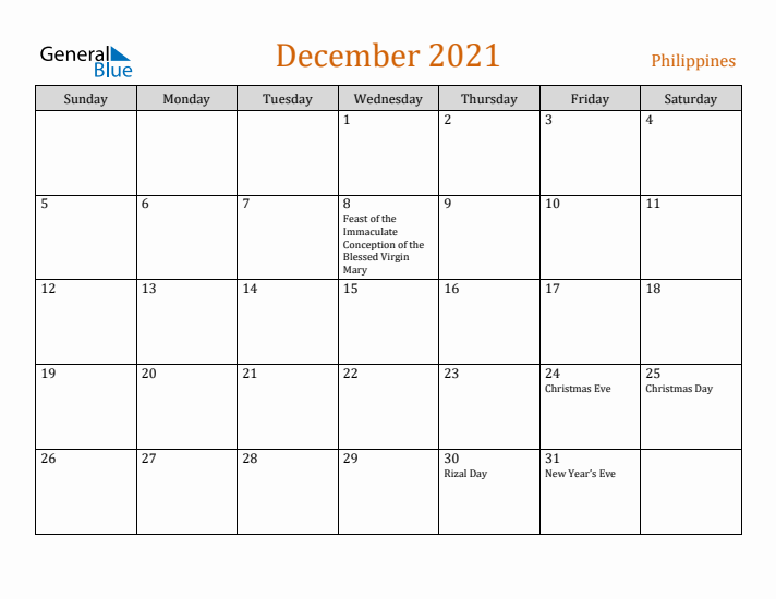 December 2021 Holiday Calendar with Sunday Start