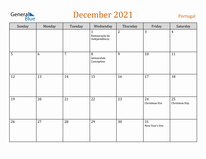 December 2021 Holiday Calendar with Sunday Start