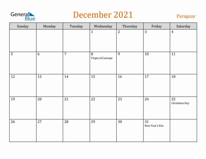 December 2021 Holiday Calendar with Sunday Start