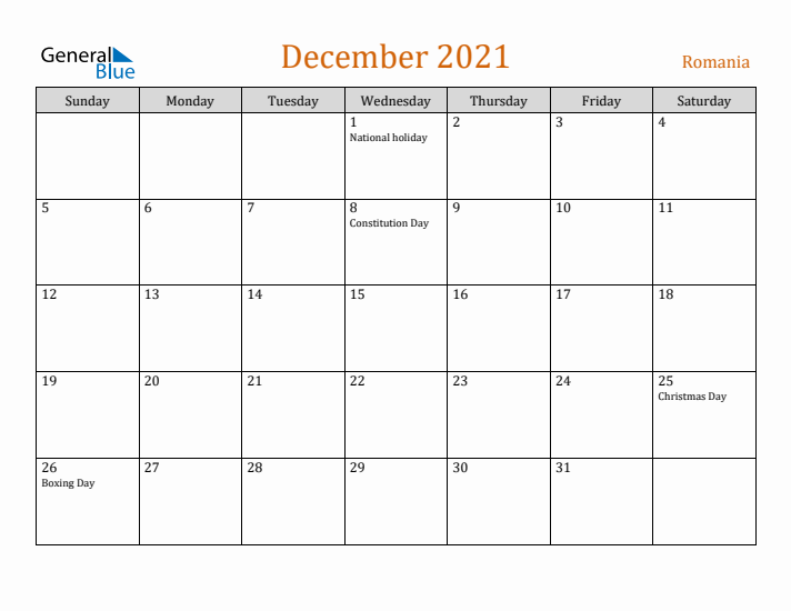 December 2021 Holiday Calendar with Sunday Start