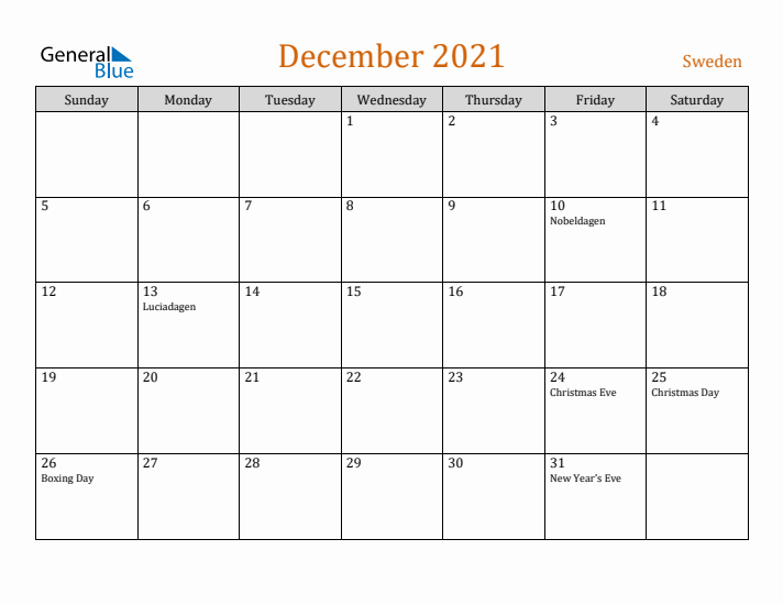 December 2021 Holiday Calendar with Sunday Start