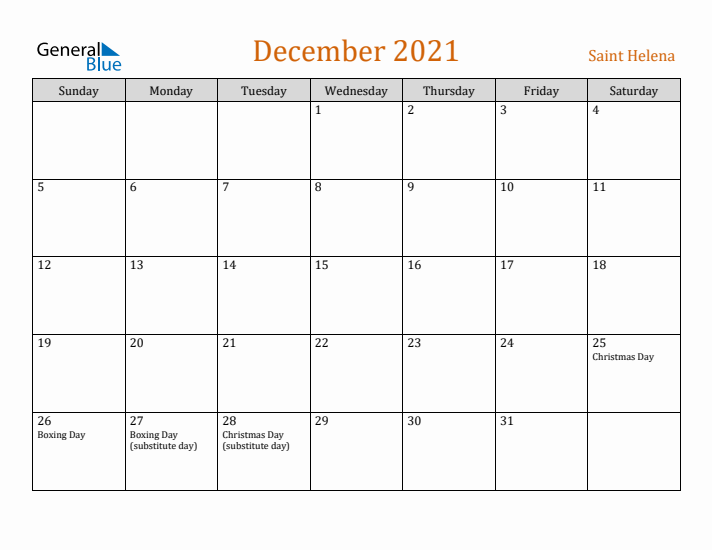 December 2021 Holiday Calendar with Sunday Start