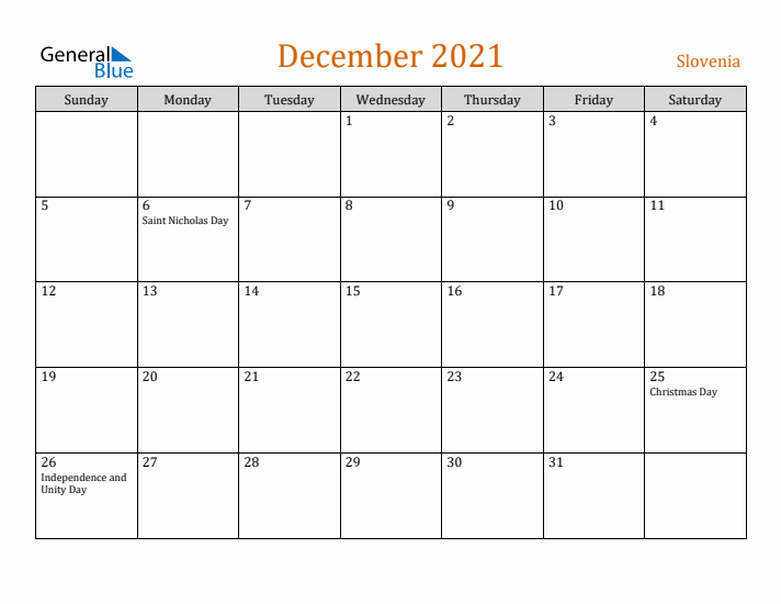 December 2021 Holiday Calendar with Sunday Start