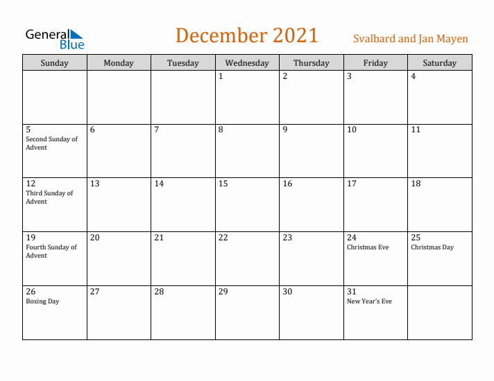 December 2021 Holiday Calendar with Sunday Start