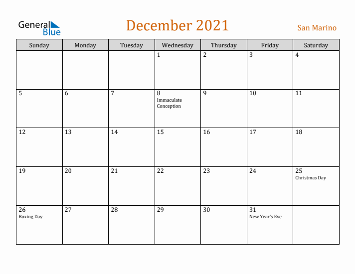 December 2021 Holiday Calendar with Sunday Start